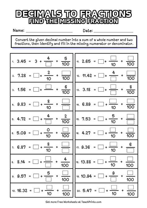 Decimal And Fraction Worksheet Fractions Decimals Percents Worksheets
