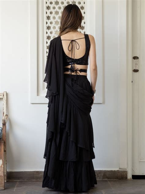 Buy Black Georgette Saree With Stitched Blouse - Lavanya The Label