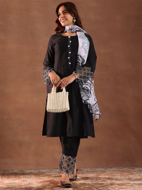 Buy Black Solid Silk Blend Straight Suit With Dupatta Online at $53.00 ...