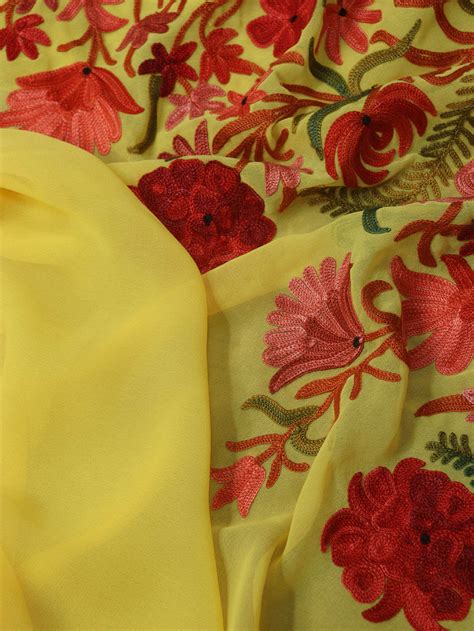 Yellow Embroidered Kashmiri Aari Work Georgette Saree - Luxurionworld
