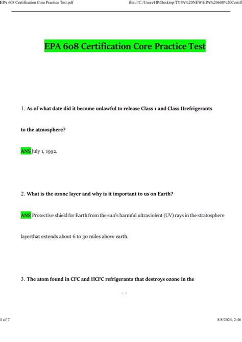 EPA 608 Certification Core Practice Test 2024 Questions and Answers ...