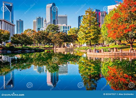 Charlotte City Skyline from Marshall Park Autumn Season with Blu Stock ...