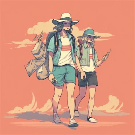Illustration of two people walking on a beach with backpacks and cell ...