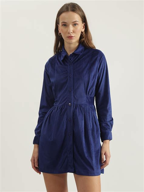 Shop Elle Women Blue Solid Spread Collar Full Sleeves Shirt Dress ...