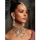 Gold Toned Green Handcrafted Brass Necklace with Earrings and Maangtika ...