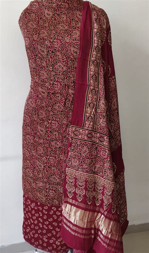 Maroon Modal Silk Ajrakh Hand block printed 3 piece dress material