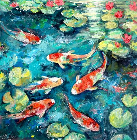 Original Impasto Oil Painting of Koi Fish in Water Lilies Pond Art - Etsy Canada in 2024 | Fish ...