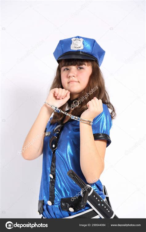 Woman in carnival costume Police woman shape with handcuffs — Stock ...