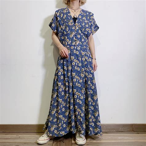 blue flower printed short sleeves dress | LEMON