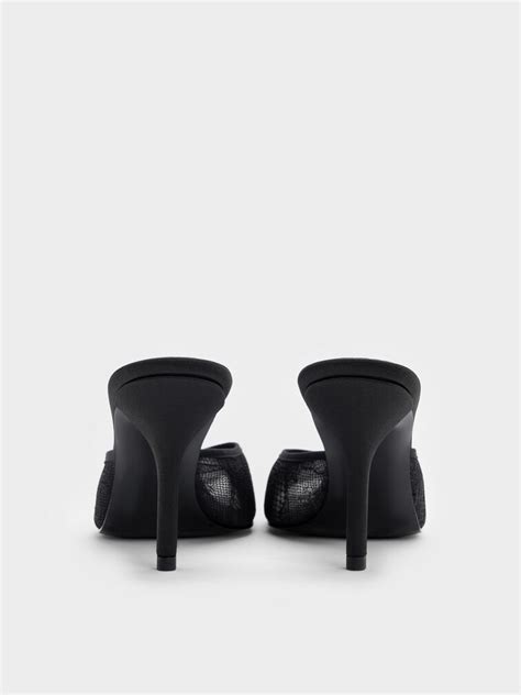 Black Textured Lace Stiletto Mules - Black Textured - CHARLES & KEITH IN