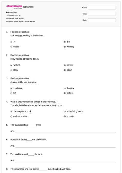 50+ Prepositions worksheets for Class 2 on Wayground | Free & Printable