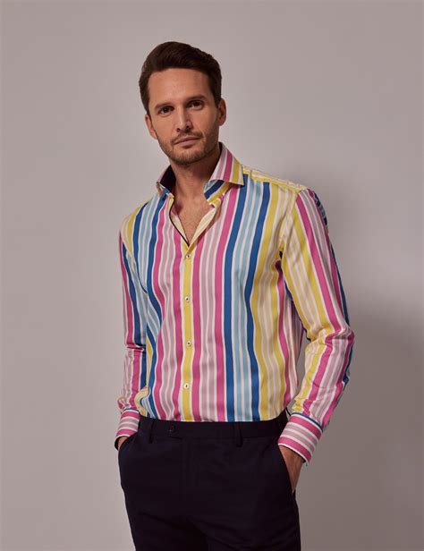 Men's Yellow & Pink Stripe Slim Shirt - Contrast Detail - High Collar ...