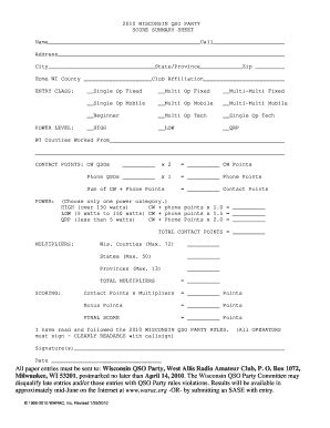 Fillable Online 2010 WISCONSIN QSO PARTY SCORE SUMMARY SHEET Name Call ...
