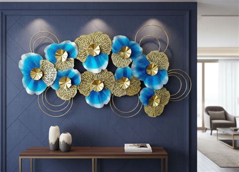 52 Inches Large Blue Gold Metal Floral Wall Art 3D Luxury Decor – Hansart