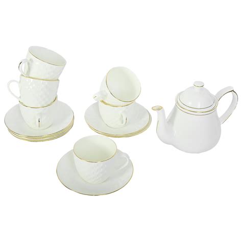 Femora Gold Line Tile Cut White Ceramic Tea Cups and Saucers with Tea ...