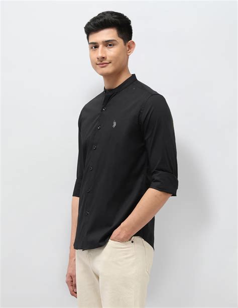 Buy Solid Regular Fit Mandarin Shirt Black|U.S. Polo Assn. India