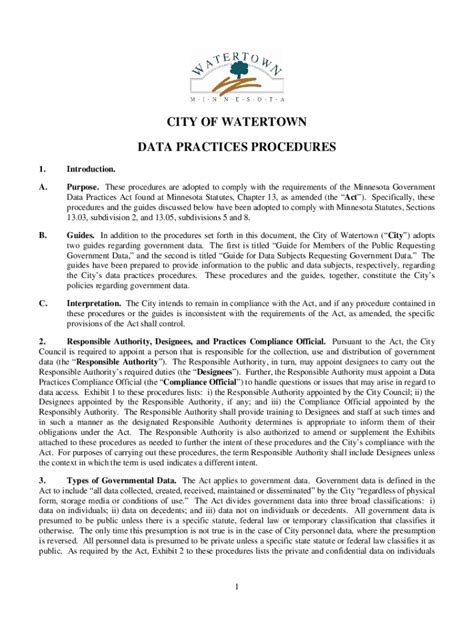 Fillable Online CITY OF WATERTOWN DATA PRACTICES PROCEDURES Fax Email ...