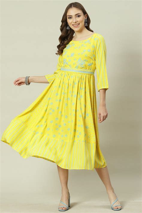 Buy Yellow Cotton Flared Printed Kurta Dress Online at Biba India