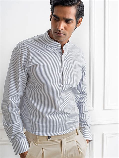 Buy Navy Twill Stripe Popover Shirt- 100% Cotton White Men's Formal ...