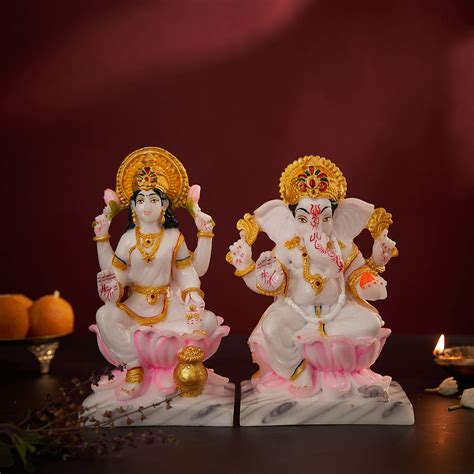 Lord Ganesha And Lakshmi Idol In Marble Dust Hand Painted – DecorTwist