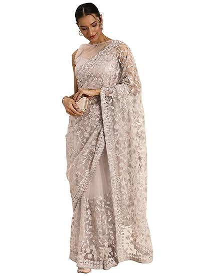 Buy MANVAA Women'S Beige Color Net Fancy Designer Embroderied Border ...