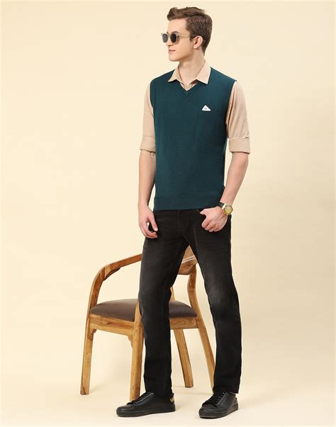 Buy Men Teal Blue Solid V Neck Sleeveless Sweater Online in India ...