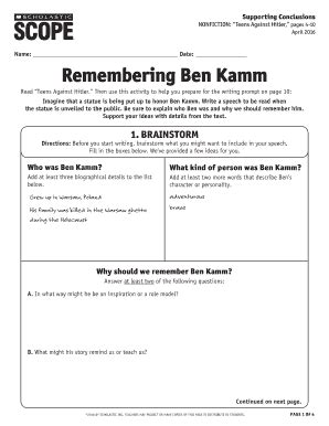 Fillable Online Name: Date: Remembering Ben Kamm - Scholastic Fax Email ...