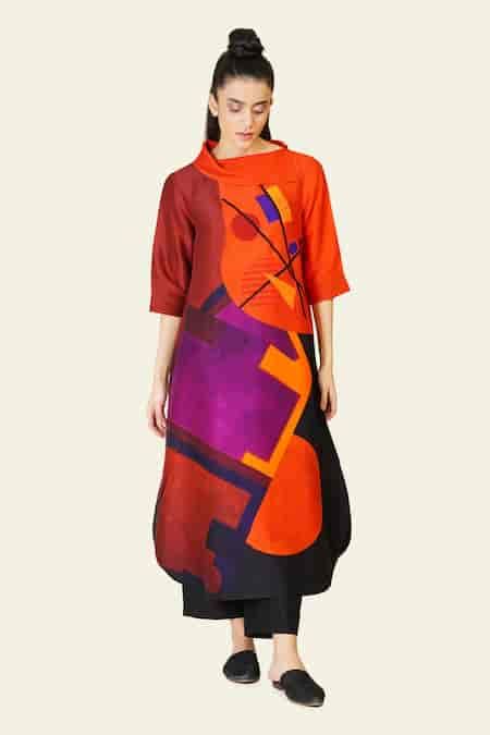 Buy Multi Color Blended Silk Printed Abstract High Neck Placement ...