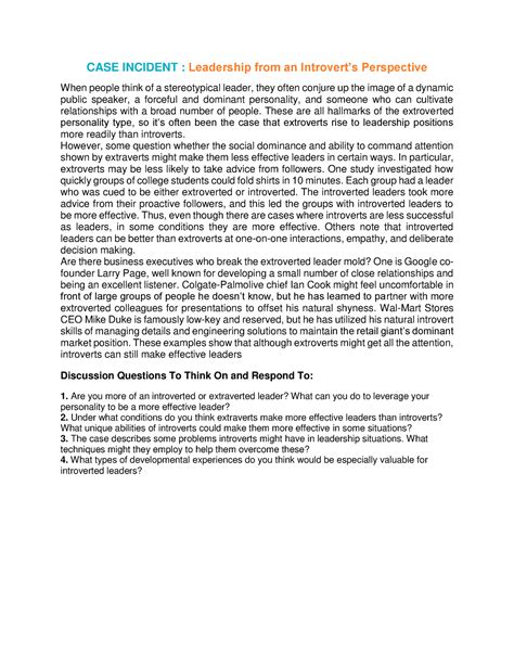 Leadership and Introversion - CASE INCIDENT : Leadership from an ...