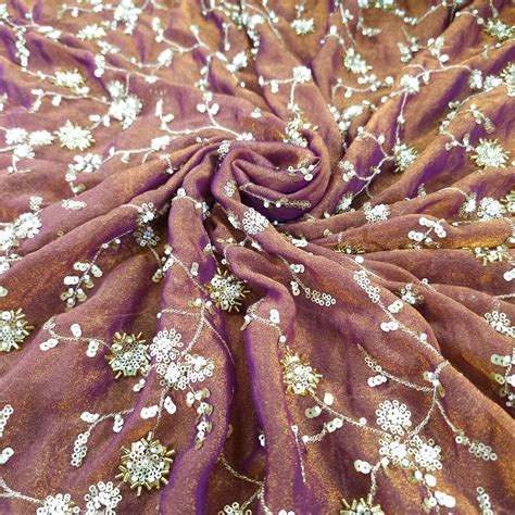 Mirha Hand Embroidered Brown Organza Shimmer Tissue with intricate Flo ...