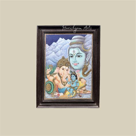 28" Krishna Sitting on Ganesha’s Lap in Shiva’s Abode Tanjore Painting