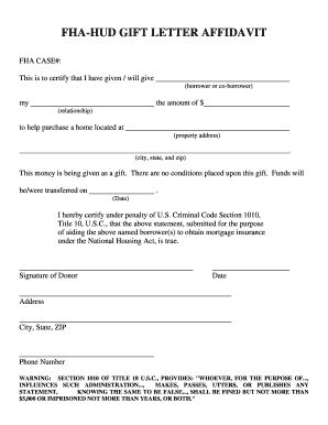 FHA-HUD Gift Letter Affidavit - Fill and Sign Printable Template Online