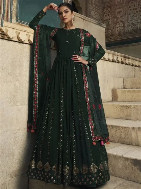 Buy Dark-Green Sequined Georgette Wedding Wear Gown From Ethnic Plus