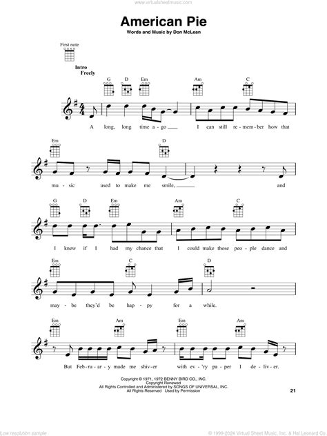 American Pie sheet music for baritone ukulele solo (PDF)
