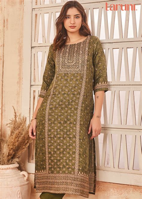 Olive Green Linen Satin Kurti Straight Cut