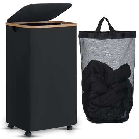 Efluky 100L Laundry Basket with Wheels, Lid, Removable Bag, Bamboo ...