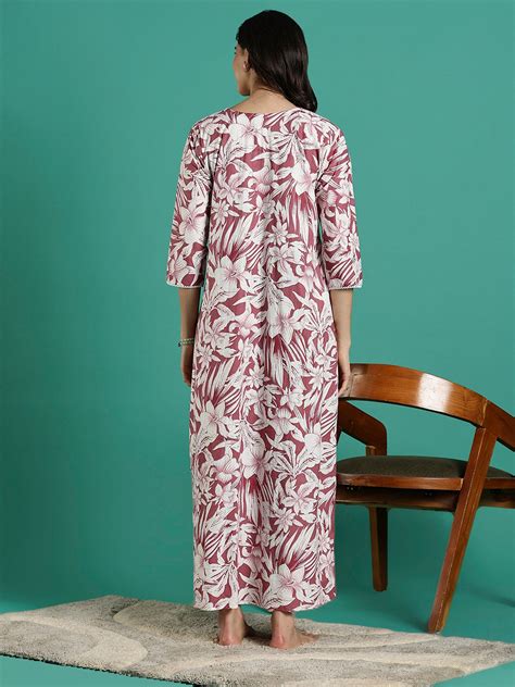 Magenta Cotton Night dress - Embroidered Front Nighty Design – 9shines ...