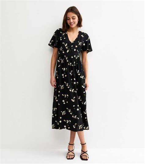Black Floral Flutter Sleeve Midi Dress | New Look