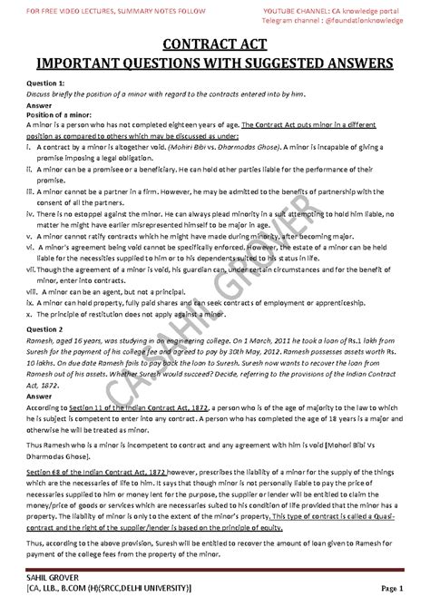 Contract Act important questions and answers for LLB students - Studocu