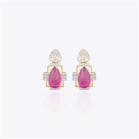 Ruby Frame Earrings | 14k Gold with Polki, Ruby and Diamond Studs ...