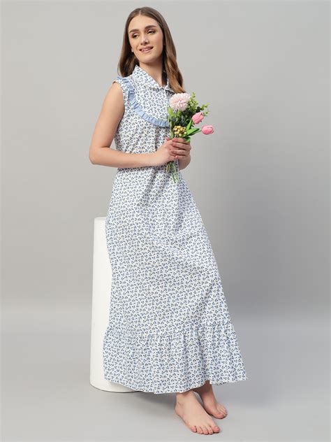 Women White & Blue Floral Printed Cotton Nighty – Elegant Long Night W ...
