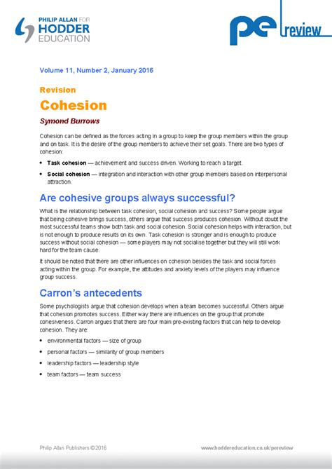PEReview 11 2 Cohesion - Summary of cohesiveness among group in sports ...