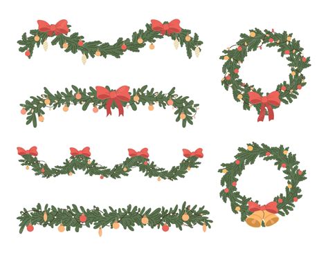 Premium Vector | Cartoon set of Christmas fir garlands red bow and jingle bells Flat vector ...