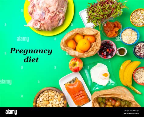 Pregnancy and nutrition, pregnant women healthy food diet, rich in iron, calcium, protein ...