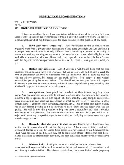 Pre-Purchase Recommendations - Horse Equine s Doc Template | pdfFiller
