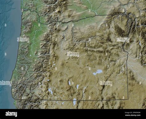 Oregon, state of United States of America. Elevation map colored in ...