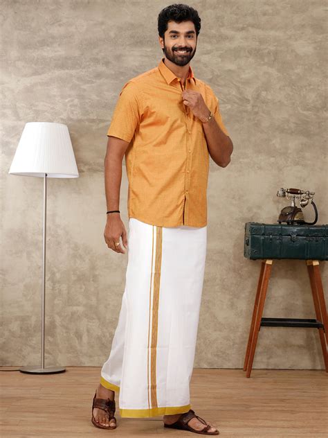 Ramraj Men Matching Border Dhoti & Half Sleeves Shirt Golden Set GL7