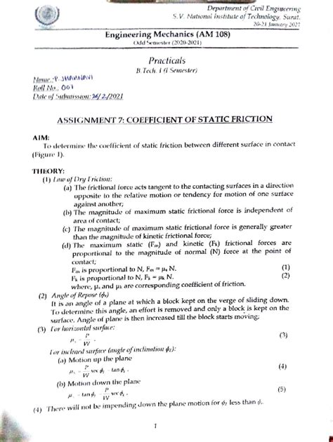 Engineering Mechanics (AM 108) Practicals: Coefficient of Static ...