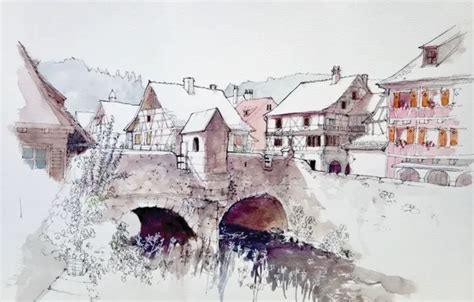 Download wallpaper bridge, the city, figure, France, home, watercolor ...