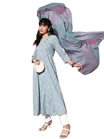 Buy ishin Women's Cotton Blend Blue Embroidered Anarkali Kurta With ...
